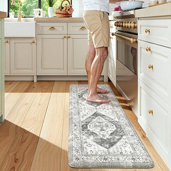 KIMODE Kitchen Runner Rug,17.3" x 59" Farmhouse Anti Fatigue Kitchen Mats for Floor Cushioned,Non-Slip Waterproof Comfort Thick Kitchen Floor Standing Mat for Front Sink,Laundry Room,Grey