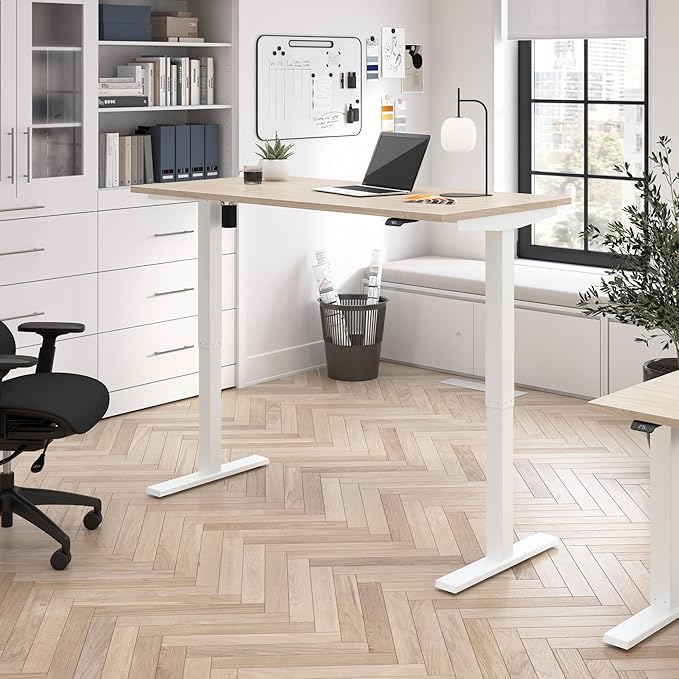 Bush Business Furniture 60-inch Electric Height Adjustable Standing Desk, Ergonomic Sit-Stand Computer Table for Home and Professional Office, Move 40 Series, Natural Elm with White Base
