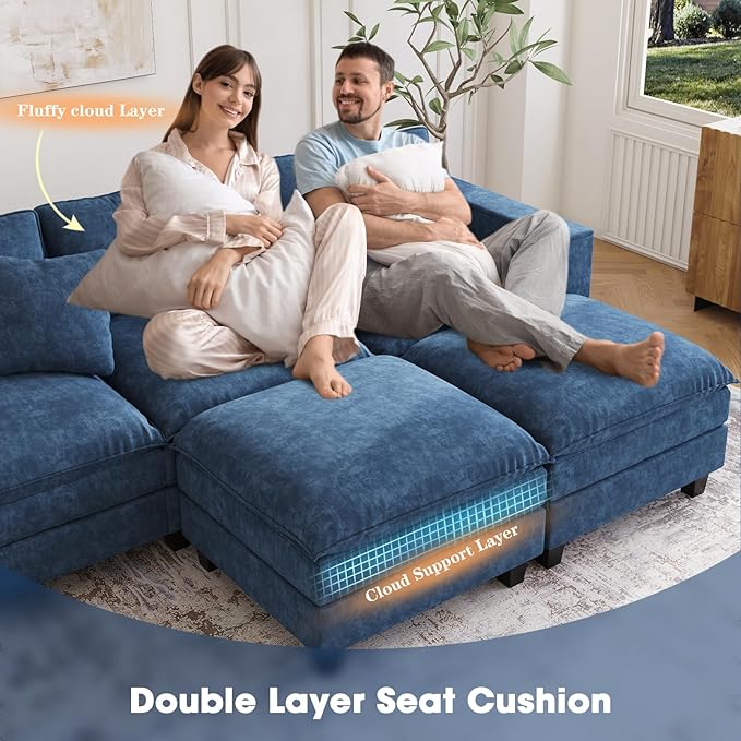 137",U Shaped Couch,Modern Modular Sectional Sofa, 4-Seater Comfy Cloud Couch with Two Movable Ottoman & Throw Pillows for Living Room, Bedroom and Apartment, Dark Blue