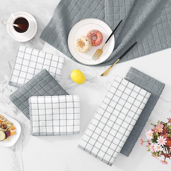 Homaxy Premium Cotton Kitchen Towels 16"x 28", Large Natural Ring Spun 390 GSM Dish Towels, Super Absorbent Terry Kitchen Hand Towels, Soft Tea Towel with Hanging Loop, Grey Check Design, 8 Pack