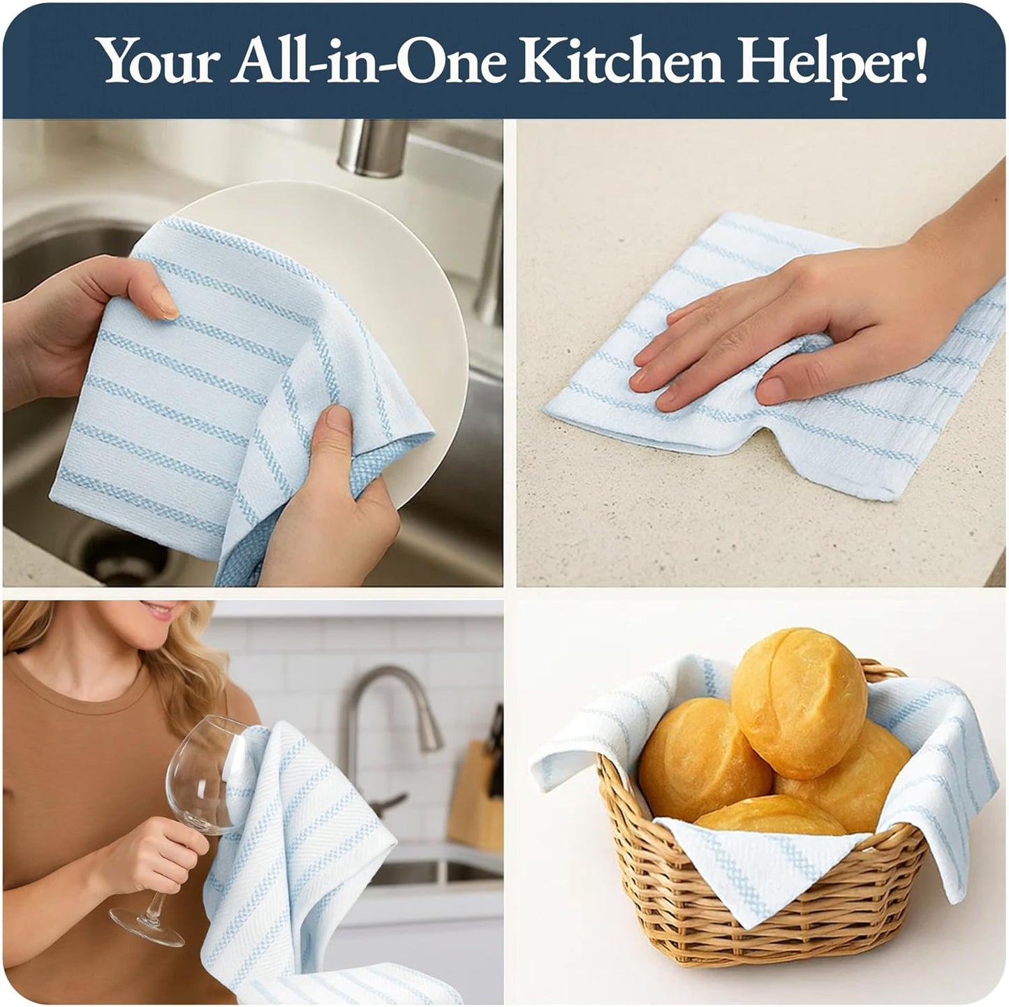 LANE LINEN Kitchen Towels Set - Pack of 4 Cotton Dish Towels for Drying Dishes, 18”x 28”, Absorbent Tea Towels, Quick Drying Kitchen Towel Set - Blue Saphire