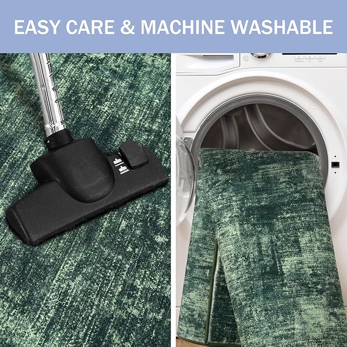 IOHOUZE Abstract Area Rugs 5x7 Ft Washable Rugs for Living Room, Non Slip Dining Room Rug, Printed Faux Wool Rugs for Bedroom, Floor Carpet for Kitchen Nursery Playroom, Dark Green
