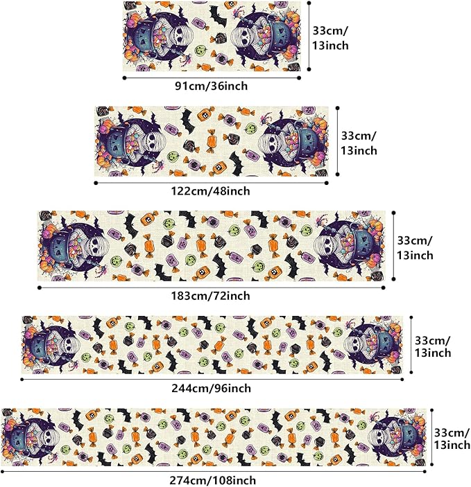 Halloween Table Runner with Mummies,Pumpkins & Candy,Table Decoration for Dining Party and Home Decor,72x13 inches