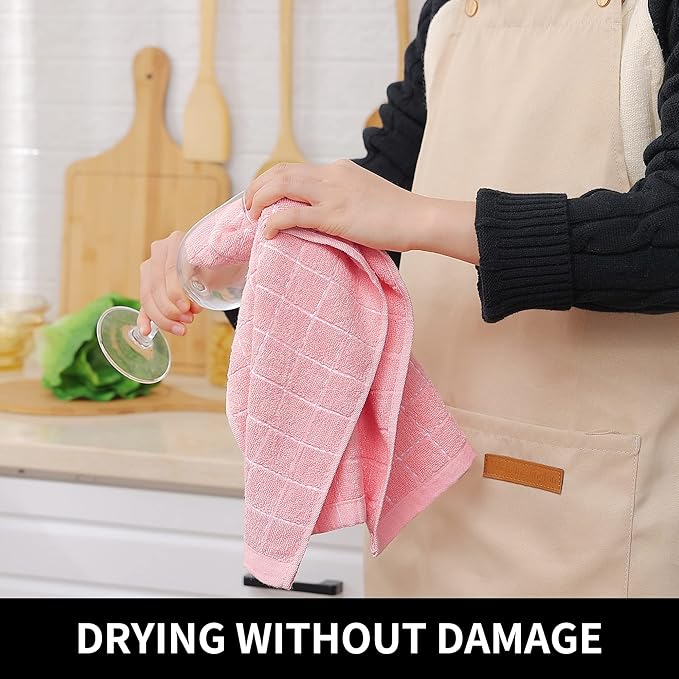 Homaxy 100% Cotton Terry Kitchen Towels(Pink, 13 x 28 inches), Checkered Designed, Soft and Super Absorbent Dish Towels, 6 Pack