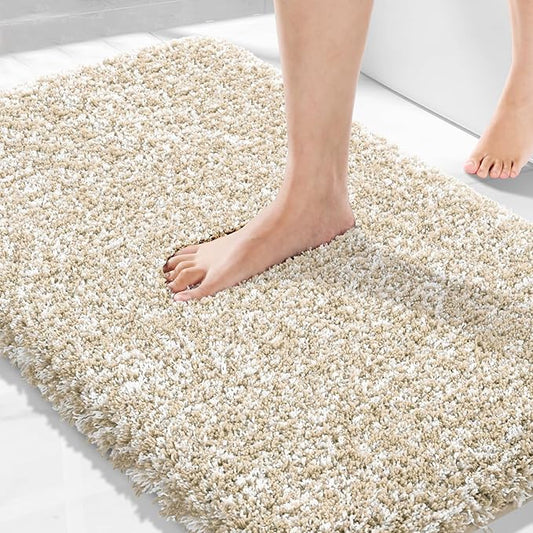 Yimobra Luxury Bathroom Rugs, Fluffy Bath Mats, Non Slip, Water Absorbent Microfiber, Machine Washable, Plush Runner Shower Rugs, Thick Matts for Bathroom Floor/Tub, 47"x 24", Light Beige and White