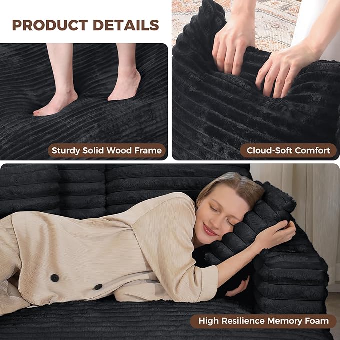 HUSFU Chaise Lounge Chair Indoor, 60'' Oversized Sleeper Sofa, Chaise Lounge Reading Chairs for w/Cup Holder and USB&Type C Port, Fluffy Plush Cloud Sofas Couches for Living Room,Set of 2,Black