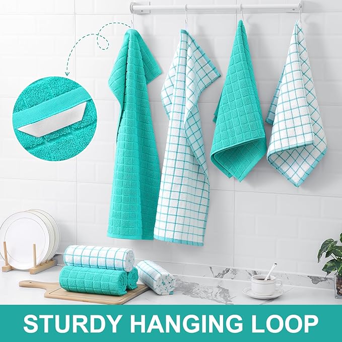 Homaxy Premium Cotton Kitchen Towels 16"x 28", Large Natural Ring Spun 390 GSM Dish Towels, Super Absorbent Terry Kitchen Hand Towels, Soft Tea Towel with Hanging Loop, Aqua Check Design, 6 Pack