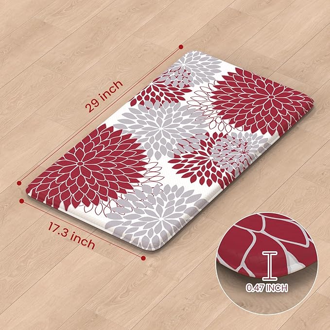 KIMODE Anti Fatigue Kitchen Mat 17.3"x29", Farmhouse Padded Kitchen Floor Mats Non Slip, Waterproof Kitchen Mat for Floor, Comfort Standing Mat for Laundry, Office, Sink, Desk Red and Grey