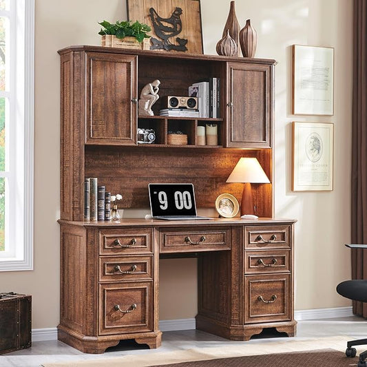 T4TREAM 59" Farmhouse Executive Desk with Hutch,Wood Home Office Computer Desk, Featuring Keyboard Tray,Charging Station,File Drawer, Storage Cabinet,for Work and Study (Reclaimed Barnwood)