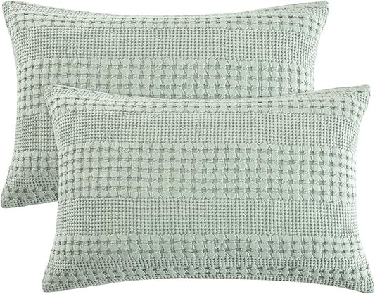 PHF 100% Cotton Waffle Pillow Shams Queen Size, 2 Pack 20" x 30" Soft Skin-Friendly Pillowcases, No Filling, Aesthetic Woven and Breathable Waffle Weave Pillow Case Covers for Bed, Sage Green