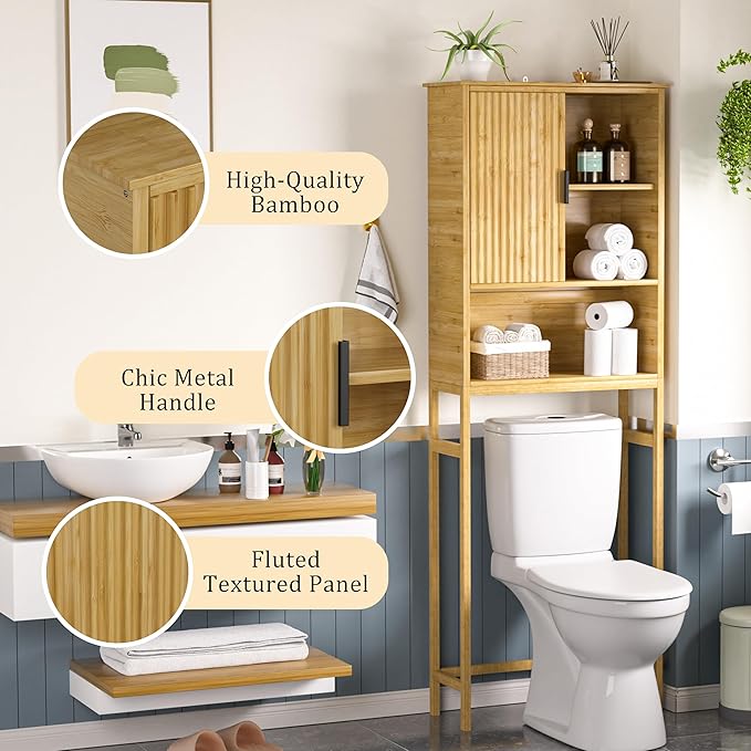 MUPATER 66.9” Bamboo Over The Toilet Storage Cabinet, Bathroom Space Saver, Bathroom Freestanding Over The Toilet with Open Storage, Natural