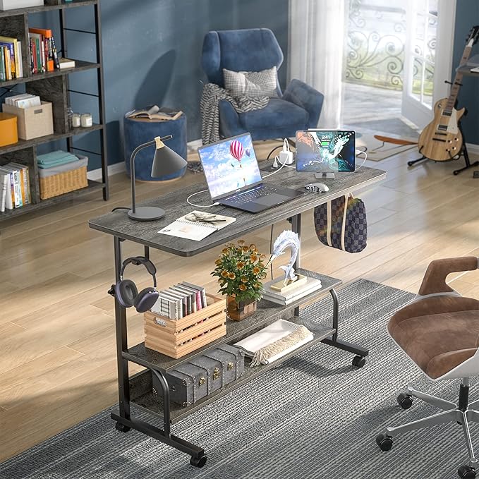 Height Adjustable Standing Desk with Power Outlets, 39" Manual Stand Up Desk with Storage Shelves Small Mobile Rolling Computer Desk Portable Laptop Table with Wheels for Home Office, Grey Oak