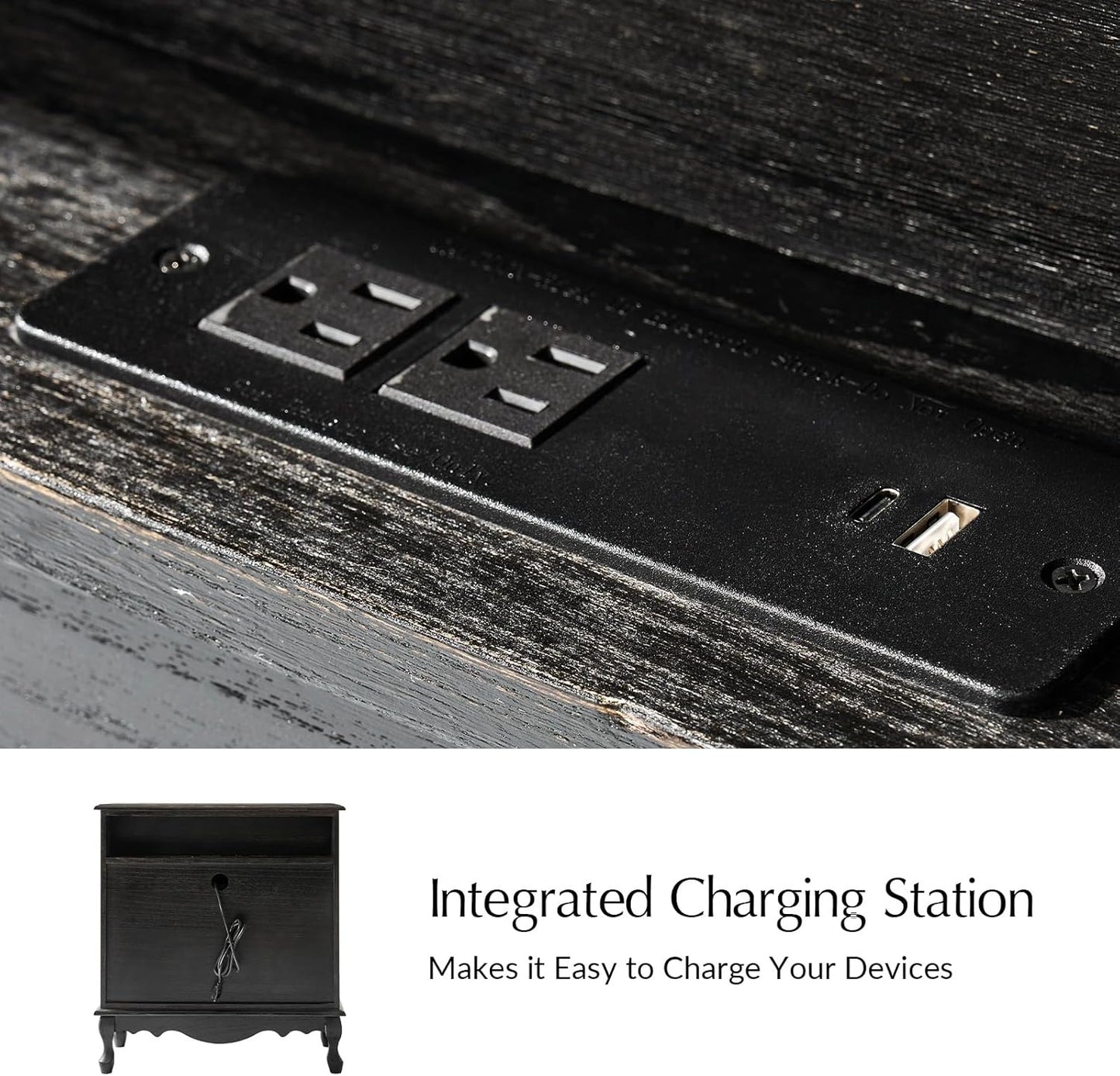 HULALA HOME Transitional Nightstand with 3 Drawers and Charging Station, 28" Solid Paulownia Wood Nightstand with Fluted Front Design, Charcoal