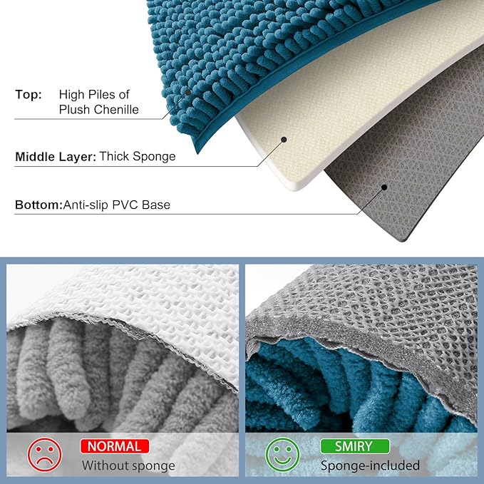 Smiry Luxury Chenille Bathroom Rugs 34x21, Extra Soft and Absorbent Shaggy Bath Mat, Machine Washable, Non-Slip Plush Carpet Runner for Tub, Shower, and Floor, Home Decor Accessories, Peacock Blue