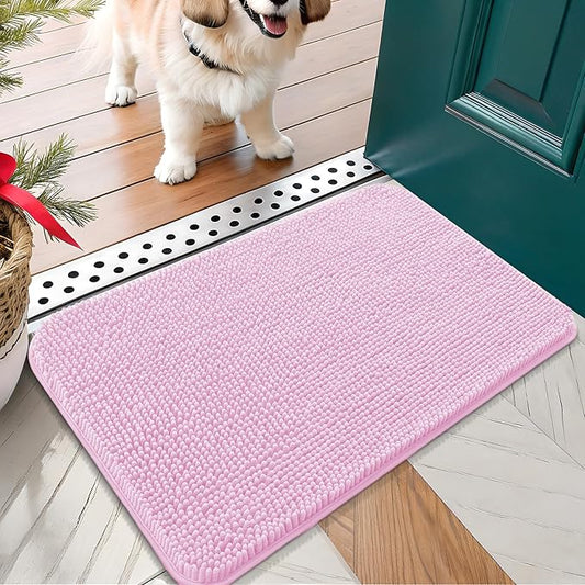 OLANLY Dog Door Mat for Muddy Paws 24x16, Absorbs Moisture and Dirt, Absorbent Non-Slip Washable Doormat, Quick Dry Chenille Mud Mat for Dogs, Entry Indoor Entryway Carpet for Inside Floor, Pink