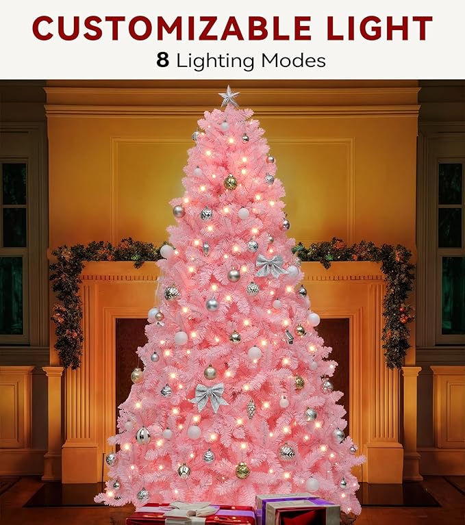DWVO 7.5ft Pre-lit Christmas Tree with Lights, Pink Prelit Atificial Trees with 1350 Tips & 550 UL Listed Lights, Automatic Branches & Easy Assembly for Home Party