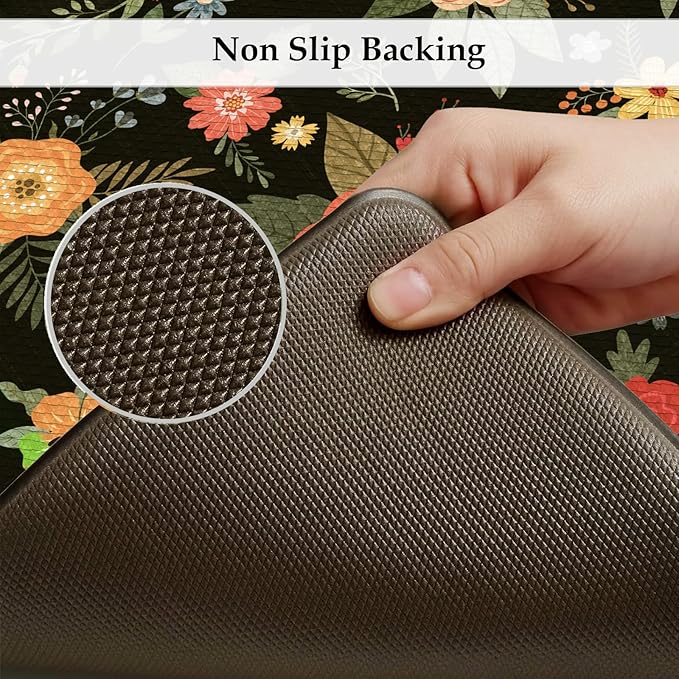 KIMODE Kitchen Mats Cushioned Anti Fatigue, Black Floral Kitchen Rugs Sets of 2, Padded Kitchen Floor Mats Non Slip, Comfort Foam Standing Mats for Laundry Office Sink Desk 17"x47"+17"x29"