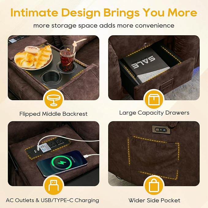 IPKIG 67" Power Reclining Loveseat Sofa, Electric Home Theater Seating with Console/4 Colors Ambient Lighting/Bluetooth Speakers/USB Ports/Built-in Outlets (Velvet-Brown, Loveseat Recliner)