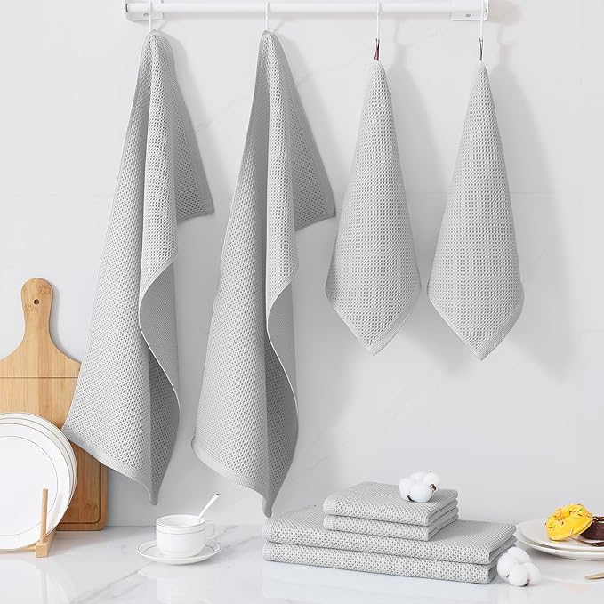 Homaxy 100% Cotton Kitchen Towels and Dishcloths Set, 12 x 12 Inches and 13 x 28 Inches, Set of 10 Bulk Kitchen Towels Set, Ultra Soft Absorbent Dish Cloths for Washing Dishes, Light Gray
