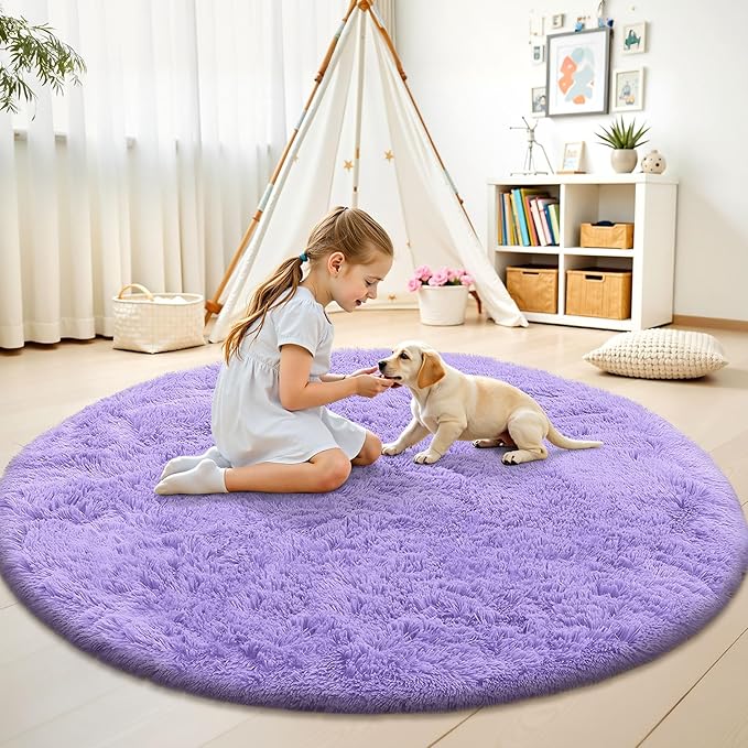 OLANLY Light Purple Round Rugs for Bedroom - Machine Washable, 5 ft Circle Area Rugs for Living Room, Soft and Fluffy Shaggy Carpet for Teen Girls and Boys, Nursery Rooms, Dorms, Home Decor Aesthetic