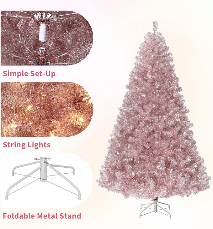 GarveeHome Rose Gold Tinsel Christmas Tree, 4.5ft Artificial Pencil Christmas Tree with Sturdy Metal Stand, Slim Skinny Xmas Holiday Decoration for Indoor, Home, Office, Party