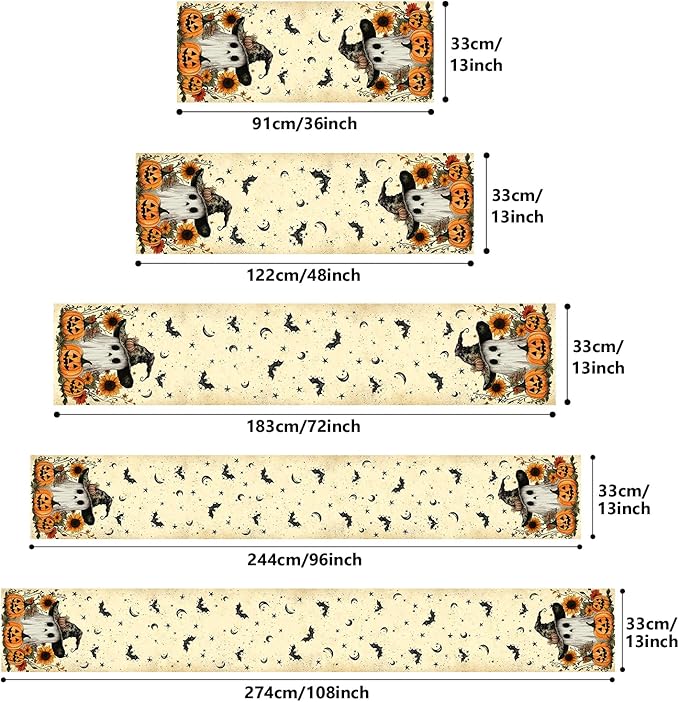 Halloween Table Runner with Ghosts, Bats, Pumpkins & Sunflowers, Table Decoration for Dining Party and Home Decor,72x13 inches