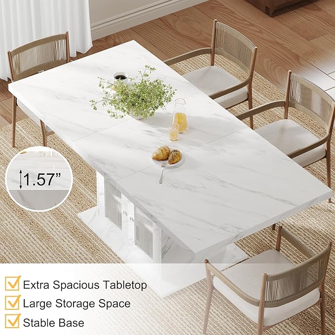HSH Dining Table for 4–6, 63" Modern Kitchen Dining Room Table with Storage Shelves & Acrylic Door Cabinet,Wood Rectangle Dinner Table with Faux Marble Top for Home Apartment, White Faux Marble