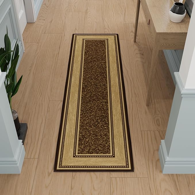 Ottomanson Hallway Runner Rug 1'10" x 7' Non Slip Border Area Rugs Easy to Clean Laundry Rug Runner Durable & Pet Friendly Floor Carpet Runners for Hallways Entryway Living Room Kitchen, Brown