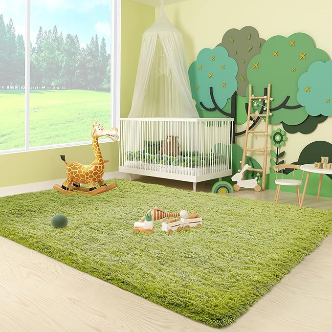 Ophanie Green Grass Area Rugs for Bedroom, 3x5 Shag Fluffy Carpet, Fuzzy Furry Plush Soft Cute Kids Baby Girls Shaggy Bedside Floor Rug for Teen Dorm Nursery Home Decor Aesthetic
