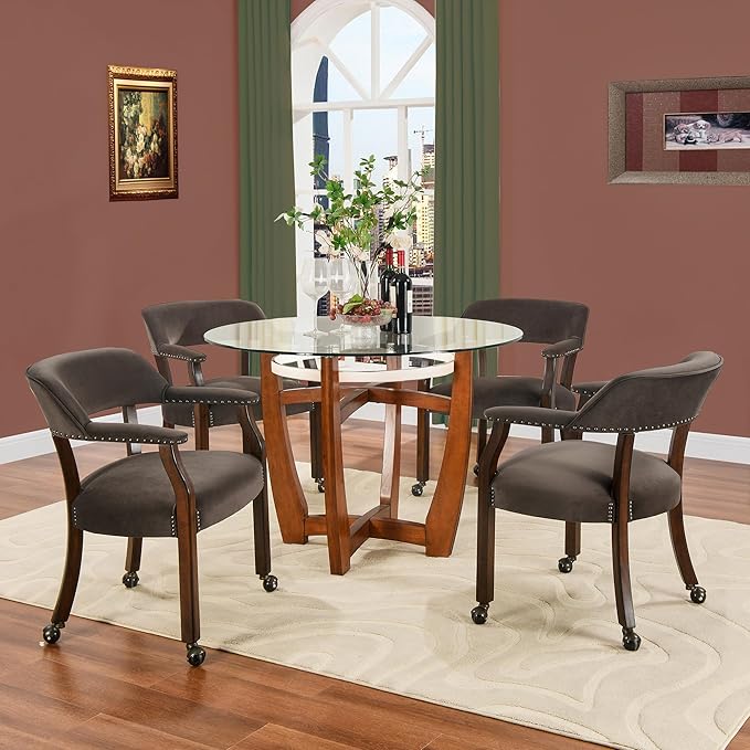 MODERION Dinning Chairs with Wheels and Arms Set of 4, Solid Wood Office Desk Chairs with Frosted Velvet Upholstered, Classic Swivel Accent Chairs, 31.5" H Boss Caption's Chair for, Taupe XXY-HT22-WG