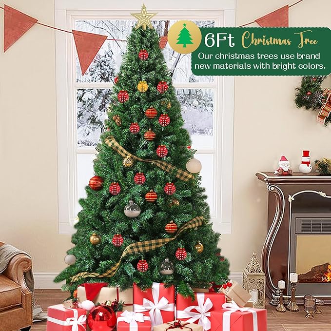 6ft Artificial Christmas Tree, Xmas Tree with 1,000 Branch Tips, Arbol de Navidad with Fold-Able Base Stand, Premium North Valley Spruce for Home, Office, Shop Decoration