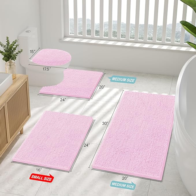 Smiry Luxury Chenille Bathroom Rugs 30x20, Extra Soft and Absorbent Shaggy Bath Mat, Machine Washable, Non-Slip Plush Carpet Runner for Tub, Shower, and Floor, Home Decor Accessories, Pink