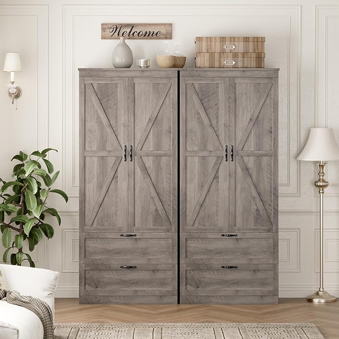HOSTACK 70" Tall Kitchen Pantry Storage, Barn Doors Pantry Cabinet with Drawers and Adjustable Shelf, Modern Farmhouse Storage Cabinet for Kitchen, Dining Room, Living Room, Bathroom, Ash Grey