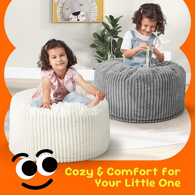 Hobestluk Bean Bag Chairs 2.5FT Bean Bag Chair with Memory Foam Filled & Stripe Plush Cover Small Bean Bag Chairs for Playroom, Living Room, Bedroom (White)