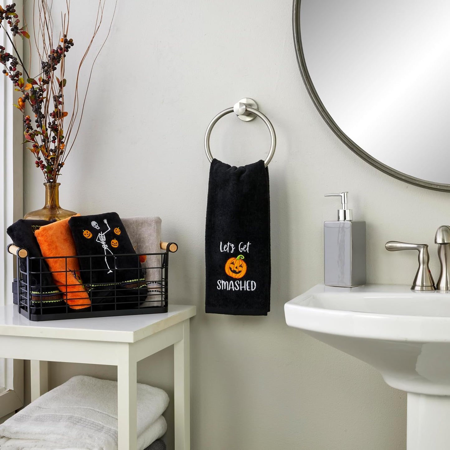SKL Home Halloween Let's Get Smashed 100% Cotton Embroidered 2pc Hand Towel Set, Decorative for Bath/Kitchen/Bar & Gift, Black