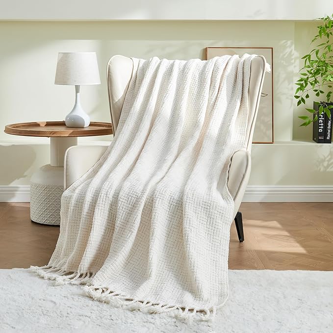 lifein Throw Blanket for Couch - Boho Throw Blanket, Knit Woven Blanket, Soft Decorative Blankets&Throws with Tassels for Bed,Sofa,Chair,Home Decor (Cream, 50 * 60, Waffle)