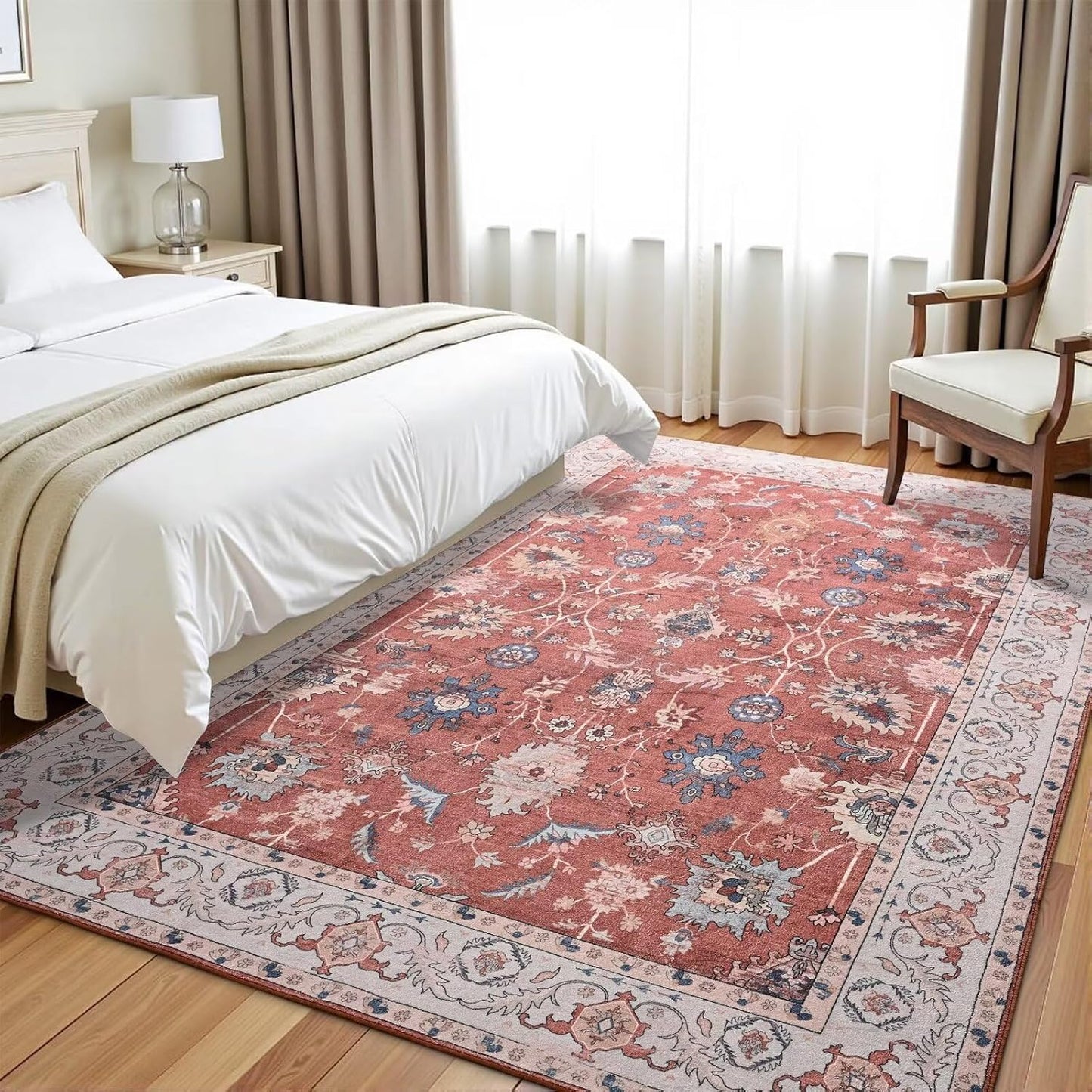 Vasofe 5x7 Rug for Bedroom, Washable Living Room Rugs for Dining Room, Red Indoor Floor Mat, Vintage Floral Mats for Home Decor, Farmhouse, Laundry Room, Non Slip Low Pile Soft Modern Carpet