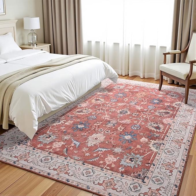Vasofe 5x7 Rug for Bedroom, Washable Living Room Rugs for Dining Room, Red Indoor Floor Mat, Vintage Floral Mats for Home Decor, Farmhouse, Laundry Room, Non Slip Low Pile Soft Modern Carpet