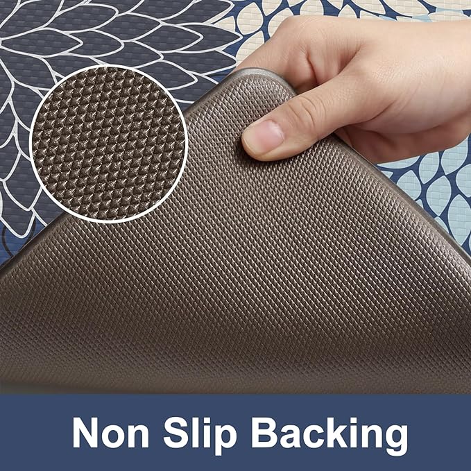 KIMODE Padded Anti Fatigue Rug Sets of 2, Ergonomic Standing Kitchen Rugs 2PCS, Boho Kitchen Mats for Floor 2 Pieces Stain Resistant, Non Slip Kitchen Sink Floor Mat Waterproof, 20"x32"+20"x47", Blue