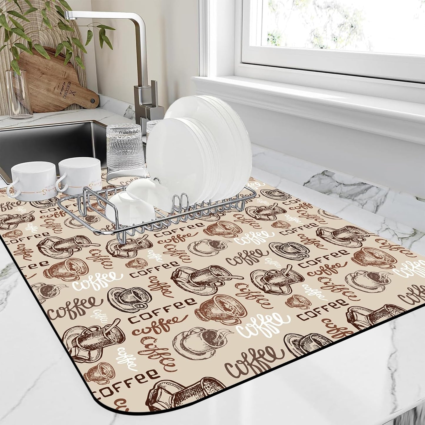 Doodle Coffee Cup Dish Drying Mat,16"X24" Absorbent Fast Dish Drying Mat for Kitchen Counter Pot and Pan, Kitchen Accessories