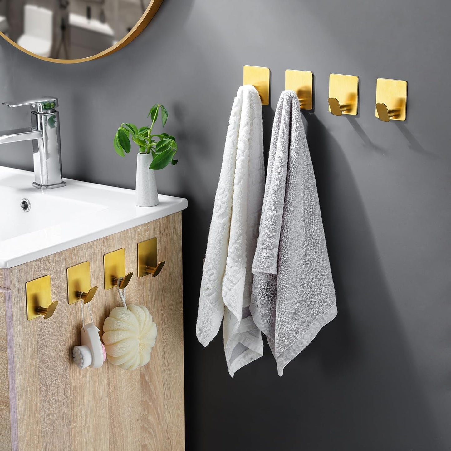 DELITON 8 Pack Gold Wall Hooks - Adhesive Towel Hooks for Bathrooms Kitchen Livingroom Garage, Heavy Duty Hook for Walls, No Damage, Stainless Steel