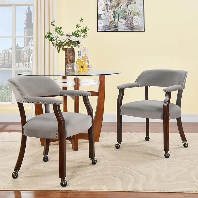 Dinning Chairs with Wheels and Arms Set of 2, Solid Wood Office Desk Chairs with Frosted Velvet Upholstered, Classic Swivel Accent Chairs,31.5" H Boss Caption's Chair for,Warm Grey XXY-HT22-TP-2