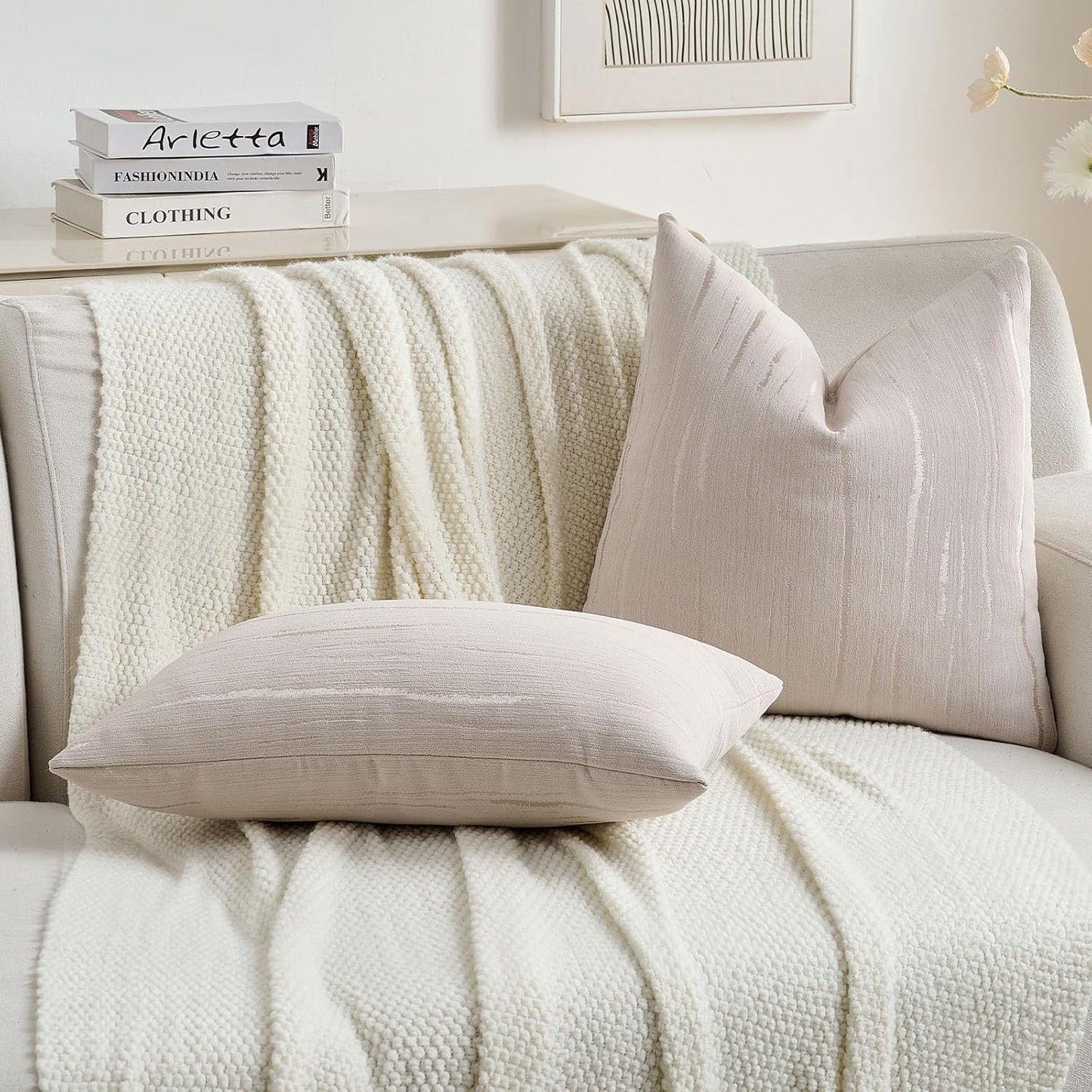 FUTEI Beige Chenille Decorative Throw Pillow Covers 20x20 Inch Set of 2,Soft Embossed Striped Textured Cushion Case,Modern Home Decor for Couch Bed Living Room