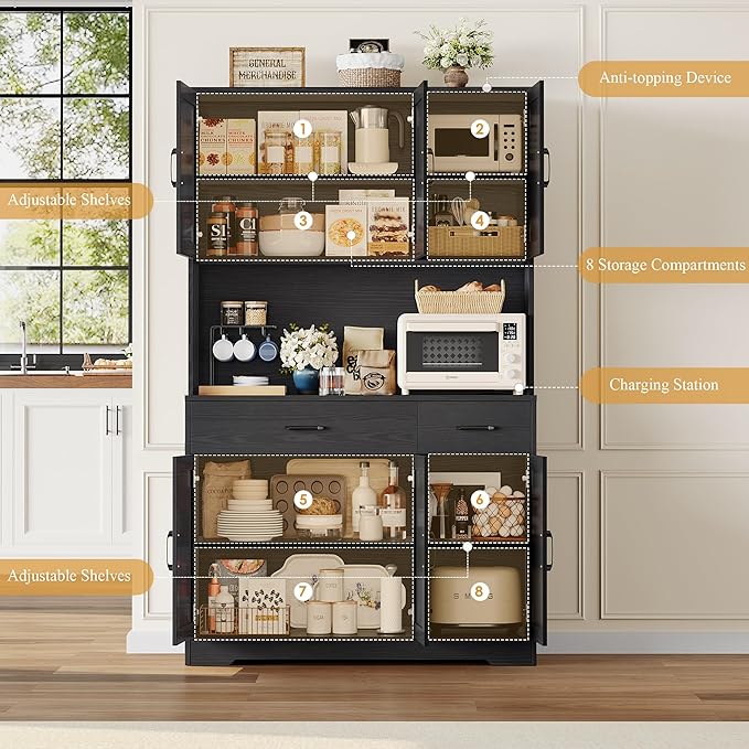 HOSTACK 71" Pantry Cabinet with Charging Station, Tall Kitchen Pantry Storage Cabinet with Microwave Stand, Farmhouse Kitchen Hutch with Storage Drawers for Living Room, Dining Room, Black Wood Grain