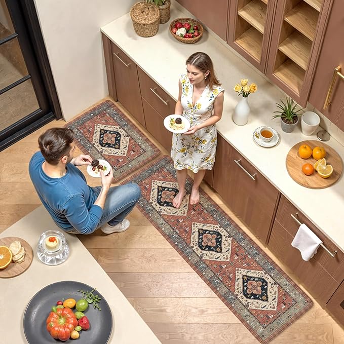 KIMODE Anti Fatigue Kitchen Mats for Floor 2 Piece, Farmhouse Kitchen Rugs, Non Slip Waterproof Kitchen Floor Mats, Memory Foam Standing Mats for Sink Laundry Office Desk Red 20"x71"+20"x32"