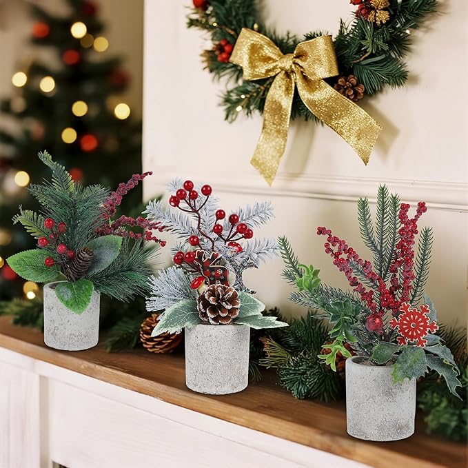 winemana 3 Pack Mini Christmas Trees for Table Centerpieces, 11 Inch Small Artificial Xmas Tree with Red Berries & Pine Cones for Home, Office Desk, Tabletop, Indoor Holiday Decorations