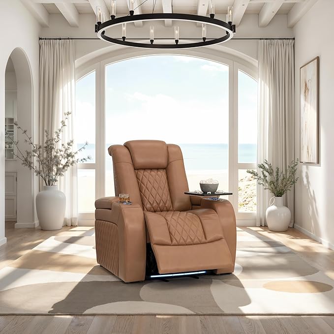 Seatcraft Diamante Zero-Gravity CoolZero Italian Leather Home Theater Seating, Power Headrest, Power Recline, Single Recliner, Tan Oak