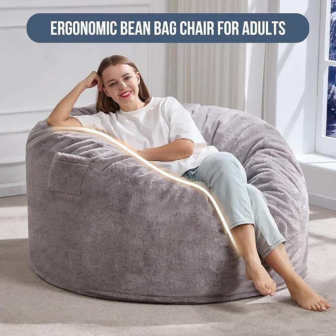Hobestluk 4ft Bean Bag Chairs for Adults Large Beanbag Chair with Plush Faux Fur Cover Big Bean Bag Chair for Living Room Bedroom Dorm Office - Grey (44” x 44” x 24”)