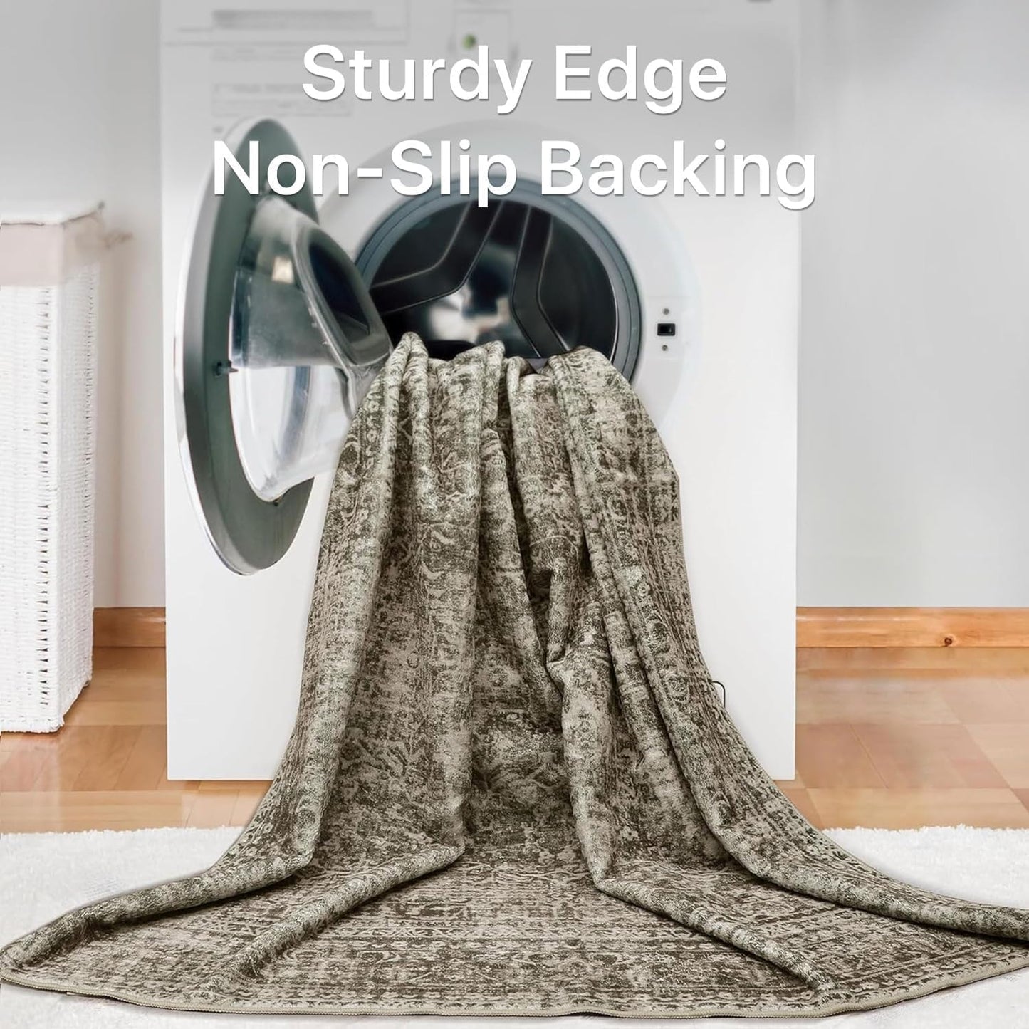 Area Rugs 8x10 for Living Room Bedroom, Vintage Machine Washable Stain Resistant Rug, Large Soft Low Pile Sage Charcoal Foor Mat with Non Slip Backing for Dining Room