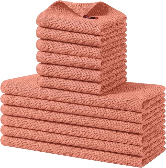 Homaxy 100% Cotton Kitchen Towels and Dishcloths Set, 12 x 12 Inches and 13 x 28 Inches, Set of 12 Bulk Kitchen Towels Set, Ultra Soft Absorbent Dish Cloths for Washing Dishes, Coral